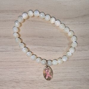 White Bead Bracelet Pink Ribbon Charm Stretch Breast Cancer Awareness